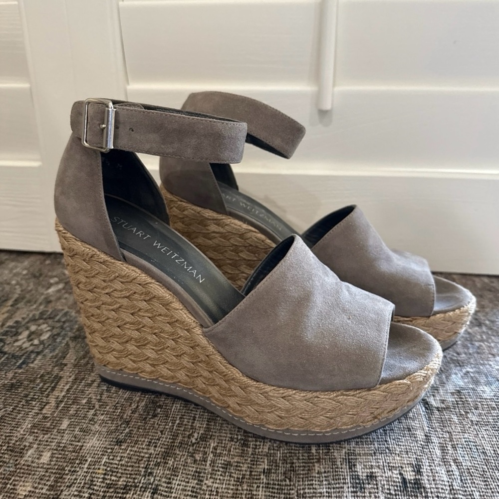 Pre Owned Stuart Weitzman Tan Wedge Espadrilles Slip-On Peep Toe Sz 8.5